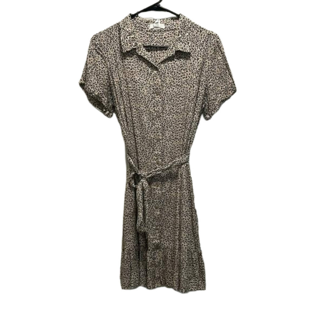 Japna Cheetah Print Short Sleeve Button-Up Shift Dress with Tie at Waist Size M